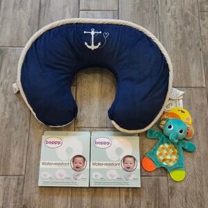 Boppy‎ Nursing Pillow Bundle Navy Blue Nautical Anchor Slip Covers Shower Gift